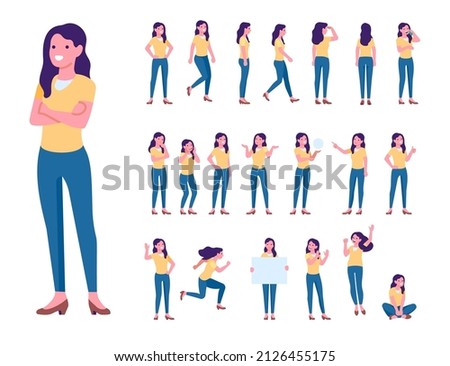 Cartoon female character poses. Active woman in jeans posing. Casual clothes. Different emotions and everyday activities. Standing and walking girl. Vector persons body