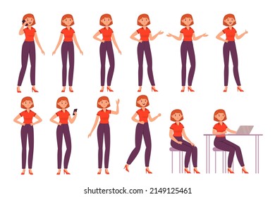 Caricatura femenina posa. Mujer feliz en diferentes poses, acciones y emociones, de pie y sentado, trabajando en computadora, ropa informal, en camisetas y vectores de pantalones