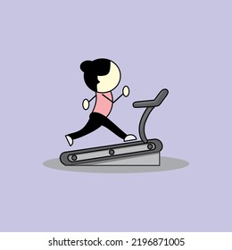 CARTOON FEMALE CHARACTER RUNNING ON TREADMILL VECTOR, suitable use to describe fitness, exercise, sport, training and workout