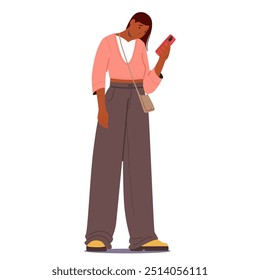 Personagem Feminina De Desenho Animado De Pé E Olhando Para O Telefone. A Pessoa É Vestida Com Roupas Casuais Com Um Saco De Crossbody E Aparece Focada. A Imagem Vetorial Representa Estilo De Vida Digital Moderno E Moda Casual