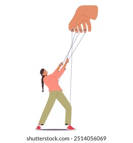 Cartoon Female Character Struggles Against A Giant Hand Controlling Her With Strings. Concept Of Freedom, Manipulation And Overcoming Control, Autonomy, And Personal Growth. Vector Illustration