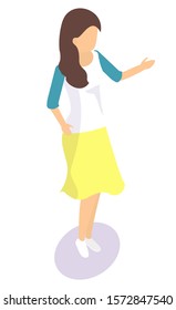 Cartoon female character template. Girl with brown hair wearing yellow skirt and white shirt with blue sleaves. Woman personage figure without face 3D vector