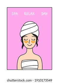 Cartoon female character with under-eye patches and towel on her hair. Hand-drawn vector illustration isolated on pink background. Spa day concept for social media, web advert or print.