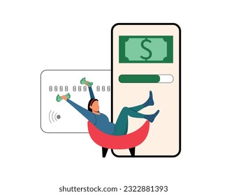 Cartoon female character using mobile banking app and wallet. Secure cell phone payment technology. Modern ways to save money. Cashless method of payment. Vector illustration