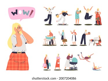 Cartoon female character, young girl woman in different situation: mother worker housekeeper and student walking, sitting communicating using modern gadgets. Flat vector illustration