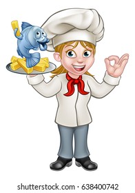 A cartoon female chef character holding fish and chips meal