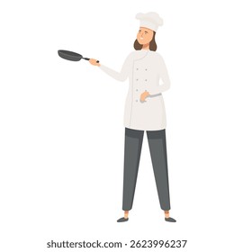 Cartoon of a female chef in uniform confidently holding a frying pan, isolated on a white background