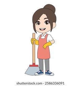 Cartoon Female Cleaning Service Sweep Vectors Illustration