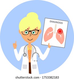 Cartoon female doctor character showing image of unhealthy lungs. Healthcare concept. Flat vector illustration.