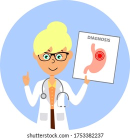 Caricatura del personaje de la doctora femenina que muestra la imagen del estómago no saludable. Concepto de salud. Ilustración vectorial plana.