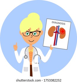 Cartoon female doctor character showing image of unhealthy kidneys. Healthcare concept. Flat vector illustration.