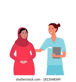 
Cartoon female doctor encourages a pregnant woman during a consultation. Flat vector. Medicine concept. a young pregnant girl came to the doctor for medical advice and help.