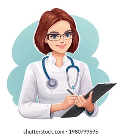Cartoon female doctor holding clipboard and taking notes.