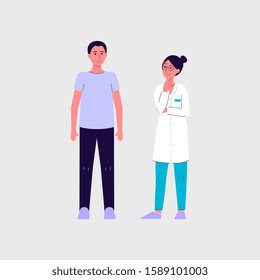 Cartoon female doctor looking at male patient - flat isolated vector illustration. Man and woman standing and smiling - friendly health consultation scenario.