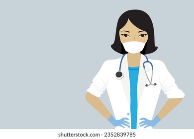 Caricatura de una doctora o enfermera. Una persona médica asiática de belleza con uniforme, máscara protectora y guantes. Carácter de mujer con abrigo blanco. Banner horizontal con lugar para texto. ilustración vectorial