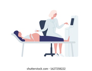 Cartoon female doctor scanning pregnant woman with scanner machine vector flat illustration. Happy future mother at medical checkup isolated on white. Concept of medicine ultrasound scan