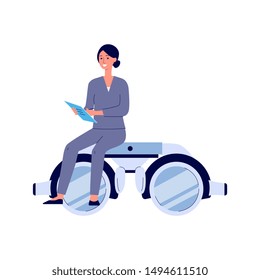 Cartoon female doctor sitting on giant pair of eye sight diagnostic glasses holding a notebook - smiling woman on sight check diagnostic binocular goggles - isolated flat vector illustration