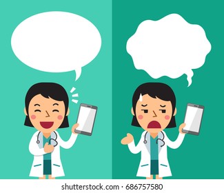 Cartoon female doctor with smartphone expressing different emotions with speech bubbles