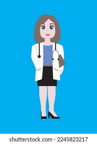 cartoon female doctor with stethoscope and carrying medical record data book

