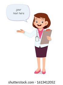 cartoon female doctor in uniform with balloon text