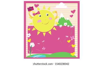 A cartoon female drawing of a sun with a camera and enjoying  the landscape. Editable Clip Art.