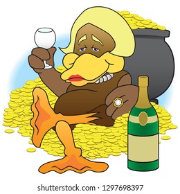 A cartoon female duck is sitting among her wealth enjoying a drink
