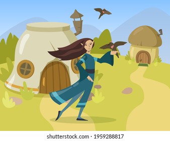 Cartoon female elf character flat vector illustration. Elven woman personage in traditional dress holding bird on her finger in elven tiny village. Computer game, fantasy, fairytale, elf concept