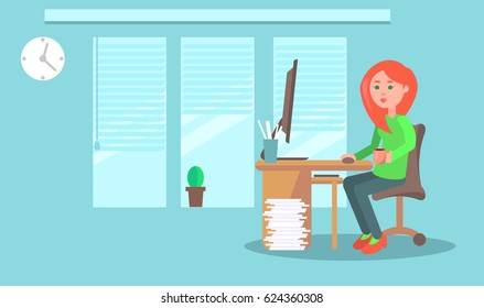 Cartoon female employee with cup of coffee in comfortable office at computer. Cozy interior with large windows, small cactus, wall clocks, wooden table with stationary and pile of documents beside.