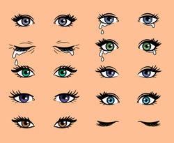 Cartoon Female Eyes. Colored Vector Closeup Eyes Of Beautiful Women For Manga Or Pop Art Style