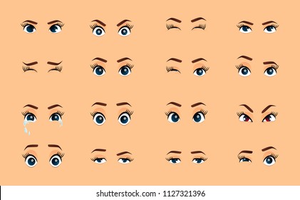 Cartoon female eyes. Colored vector closeup eyes. Female woman eyes and brows image collection set. Emotions eyes. Illustration