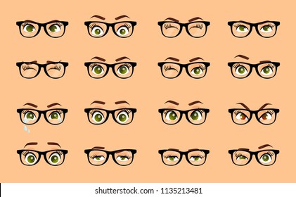 Cartoon female eyes. Colored vector closeup eyes with glasses. Female woman eyes and brows image collection set. Emotions eyes. Illustration