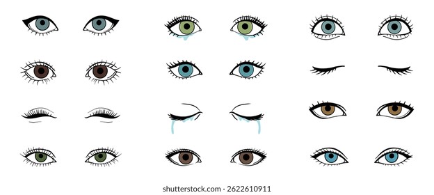 Cartoon female eyes. Colored vector closeup eyes of beautiful women for manga or pop art style on white background for your design