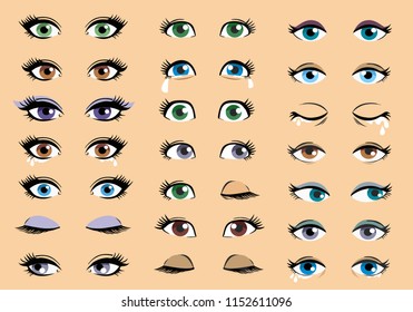 Cartoon female eyes on a beige background. Colored vector closeup eyes of  women for pop art,  manga style.