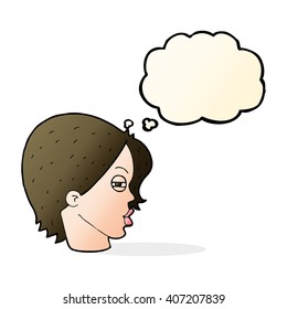 cartoon female face with narrowed eyes with thought bubble