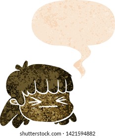 cartoon female face with speech bubble in grunge distressed retro textured style