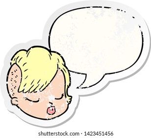caricatura de cara femenina con burbuja de habla pegatina vieja angustiada