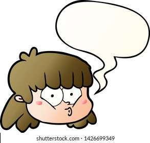 caricatura cara femenina con burbuja de habla en un estilo de gradiente suave