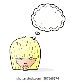 cartoon female face staring with thought bubble