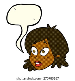 cartoon female face with surprised expression with speech bubble