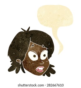 cartoon female face with surprised expression with speech bubble