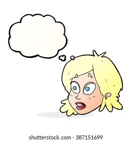 cartoon female face with surprised expression with thought bubble