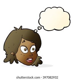 cartoon female face with surprised expression with thought bubble