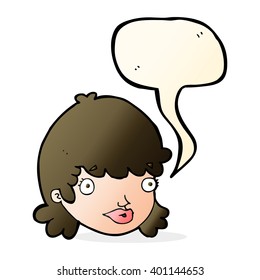 cartoon female face with surprised expression with speech bubble