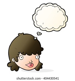 cartoon female face with surprised expression with thought bubble