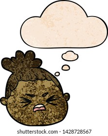 cartoon female face with thought bubble in grunge texture style
