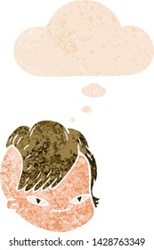 cartoon female face with thought bubble in grunge distressed retro textured style