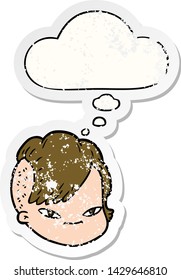 cartoon female face with thought bubble as a distressed worn sticker