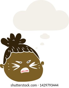 cartoon female face with thought bubble in retro style