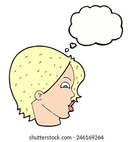 caricatura de cara femenina con burbuja de pensamiento