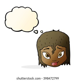 caricatura de cara femenina con burbuja de pensamiento